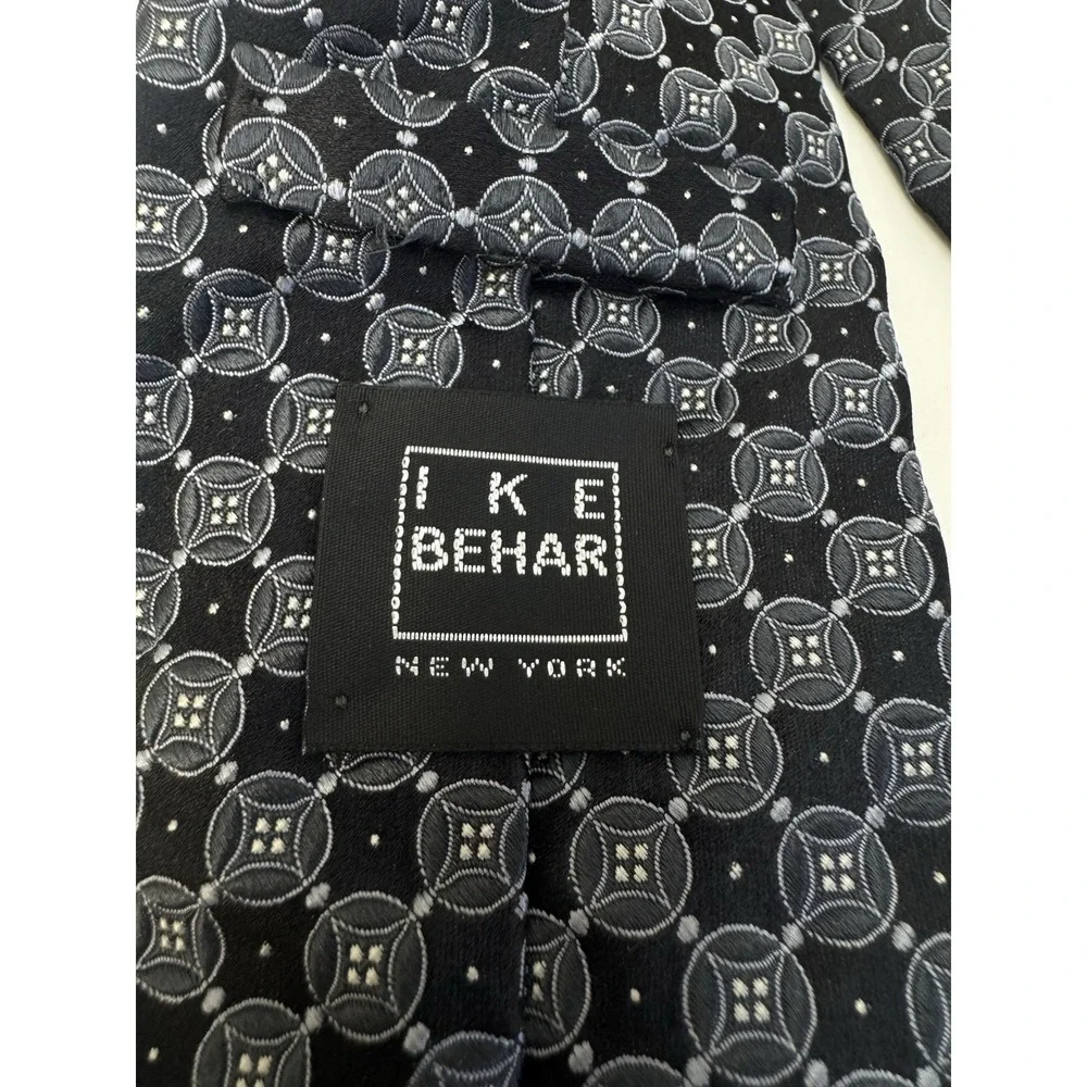 INE BEHAR BLACK GREY Neck Tie Medallion‎ Silk Neck Tie Hand Tailored EXC
